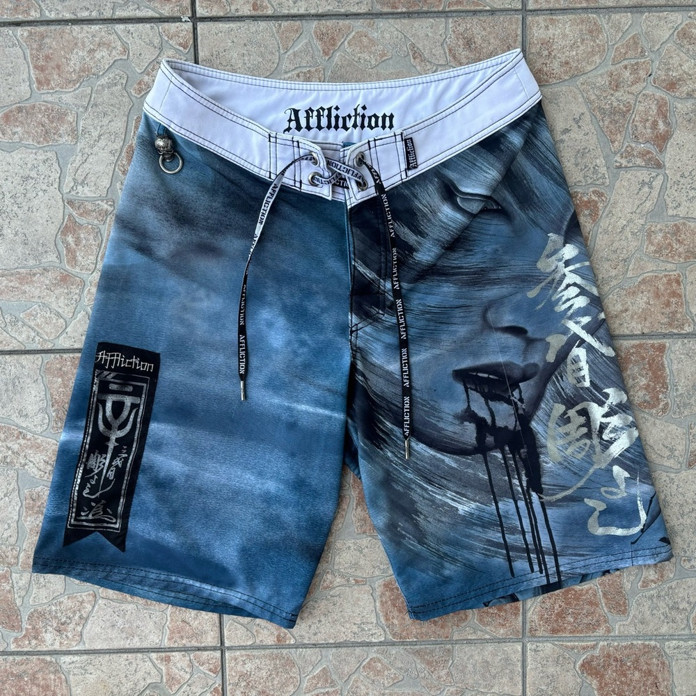 Y2K Affliction samurai beach swim trunks